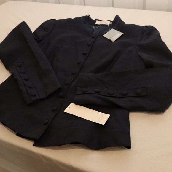 Badgley Mischka Womens Linen Navy Blazer Jacket Peplum Back Buttons Size 12 NWT - Picture 7 of 11